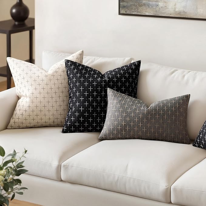 MIULEE Pack of 2 Decorative Burlap Linen Throw Pillow Covers Modern Farmhouse Vintage Pillowcase Rustic Woven Textured Cushion Cover for Sofa Couch Bed 18x18 Inch Black