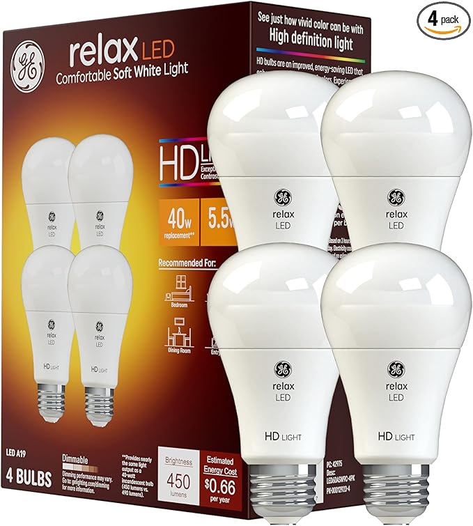 GE Relax LED Light Bulbs, 40 Watt, Soft White, A19 (4 Pack)