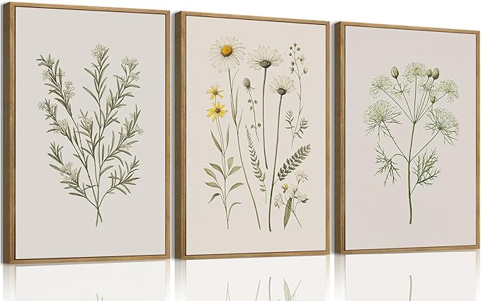 Wodkwq 3 Piece Vintage Wildflower Canvas Wall Art Framed,Neutral Botanical Wall Decor,Watercolor Plant Pictures,Yellow Floral Art Minimalist Prints,Farmhouse Artwork for Living Room,Bedroom,Office 16x24in