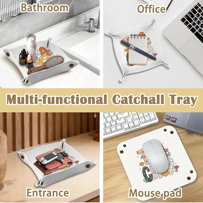 Teacher Appreciation Gifts Jewelry Valet Tray for Women, Gifts for Teacher PU Leather Catchall Beside Caddy Nightstand Organizer Tray for Jewelry Rings Watches and Accessories, 7.87x7.87in