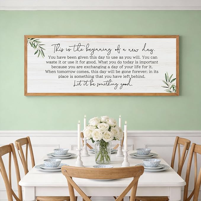 The Beginning of a New Day Wall Art – 40x15 Inch Wooden Framed Inspirational Sign with Motivational Message, Large Rustic Wood Frame Wall Decor for Living Room, Office, Entryway, Natural