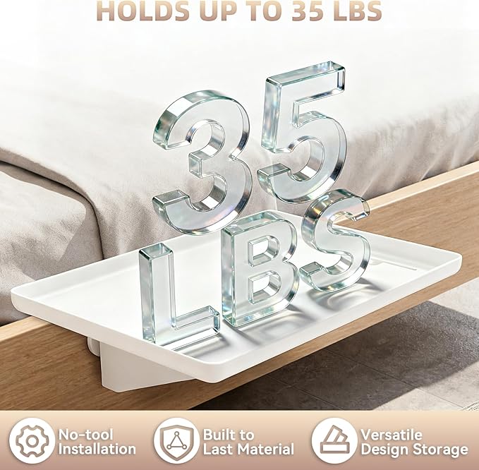 Bedside Shelf Dorm Bunk Bed, Bedside Caddy Shelf Dorm Bed, No Drill College Nightstand Organizer for Personal Items Books Glasses Apartment Bedroom Compact Space Solution Small+White