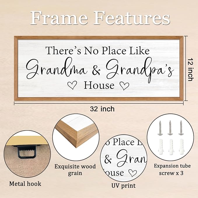 There’s No Place Like Grandma and Grandpa’s House Wall Decor: 32x12 Inch Framed Wooden Family Quote Sign, Rustic Farmhouse Wall Art for Grandparents’ Home, Living Room or Entryway, Natural
