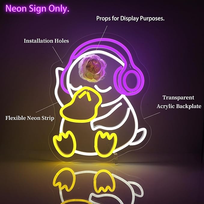 Neon Sign - Duck LED Neon Signs for Wall Decor, Cute Animal Light Up Led Sign for Bedroom, Party, Bar, Game Room & Home Room Decor