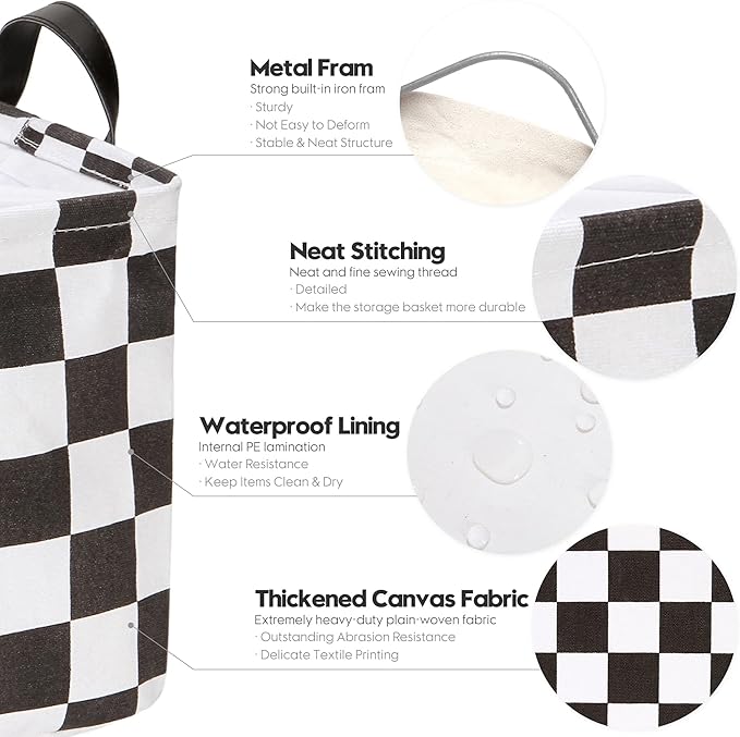 Hinwo 2-Pack Large Canvas Fabric Storage Basket with Handles, 33L/8.6-Gal Rectangle Bin, Collapsible Storage Box, Clothes, Toys, Blankets Organizer, 16.5 x 12 x 10 Inches (L, Black Checkerboard)