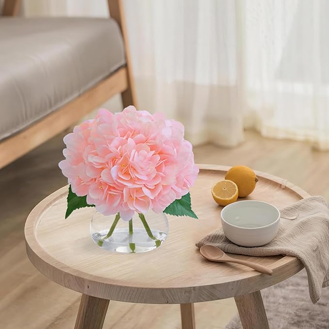 Hydrangea Artificial Flowers in Vase, White Silk Fake Flowers Silk Centerpiece Table Decorations for Dining Room， Coffee Table Decor，Wedding, Home with Faux Water Decor (New Pink)