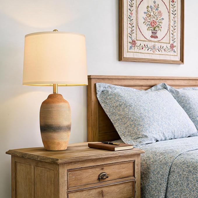 24.5" Handcrafted Ceramic Table Lamp with 5FT Cord, Single Farmhouse Vintage Rustic Bedside Lamp for Living Room Bedroom, Linen Shade Nightstand End Table Decor (Bulb Not Included)Earthy Yellow