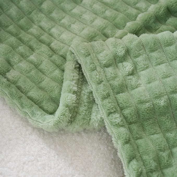 Puncuntex Flannel Fleece Throw Blanket Sage Green 50"×60",Super Soft Plush Cozy Blanket with Square Grid Design Luxury for Couch Sofa Chair