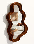 Retro Wavy Mirror Wall Decor for Living Room, 16x12 Asymmetrical Wall Mounted Mirror for Girly Bedroom Decoration, Velvet Touch Decorative Tray Home Accent for Dining Room Kitchen (Maroon)
