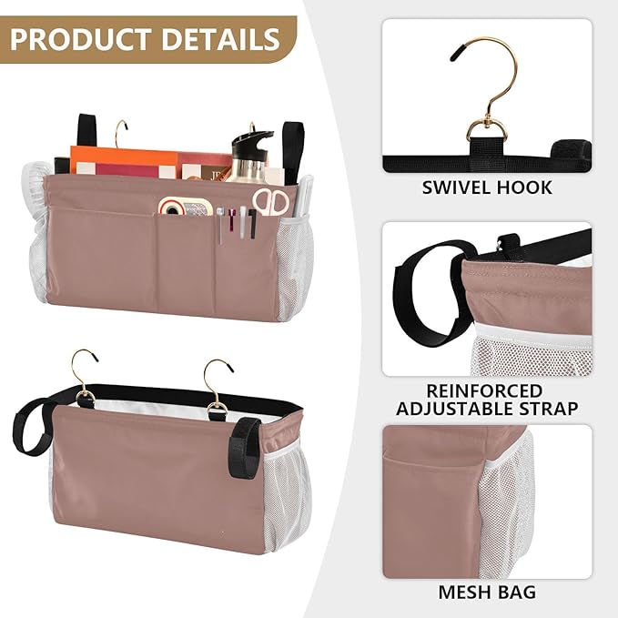 Light Brown Bedside Caddy Storage Bag Bedside Organizer for Dorm Room Top Bunk Bed Hanging Storage Organizer 6 Pockets with Hooks for Magazine Water Bottle Holder