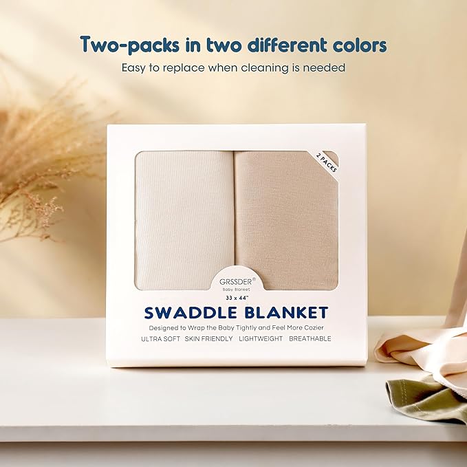 GRSSDER 2 Pack Newborn Swaddle Blanket, Ultra Soft Stretchy Jersey Knit Extra Large Size 33 x 44 Receiving Blankets for Easy Swaddling Baby Snug and Cozy