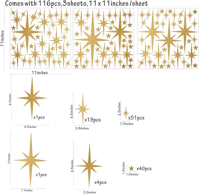 Star Wall Stickers Girls Room Wall Decals (116pcs) Sparkle Wall Sticker Stick and Peel Stars Stickers-6 Sizes