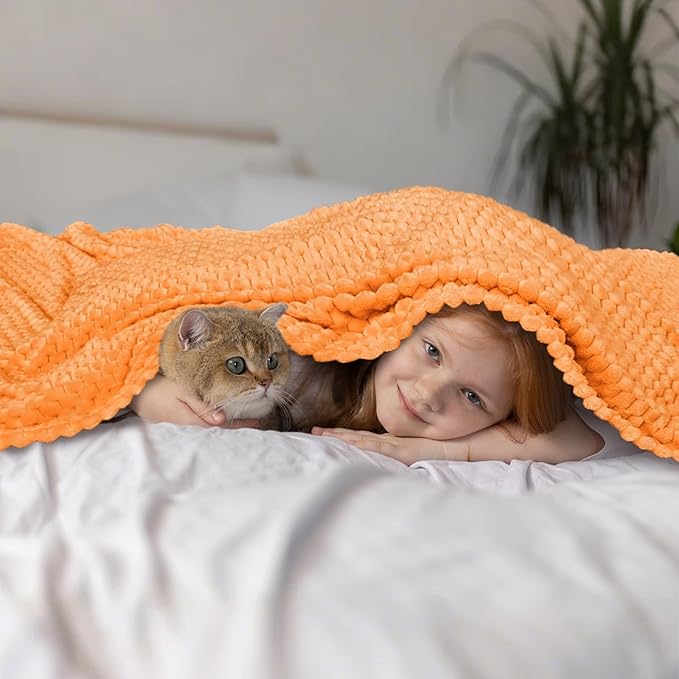 Vessia Flannel Fleece Throw Blanket, 3D Jacquard Light Orange Fuzzy and Warm Blanket for Couch,Sofa,Bed,Chair, 300GSM Soft Touch Cozy Throw for All-Season Home Decor(50x40inch)