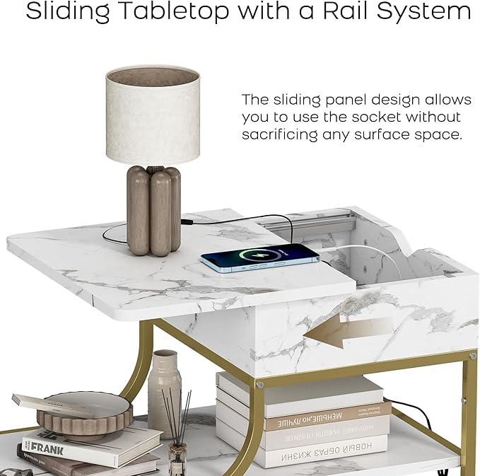 End Table with Charging Station, 3-Tier Sofa Side Table Sliding Top for Living Room, Bedside Table with Storage, Modern Curved Frame Accent Sofa Nightstand for Small Spaces Apartment, Gold & White