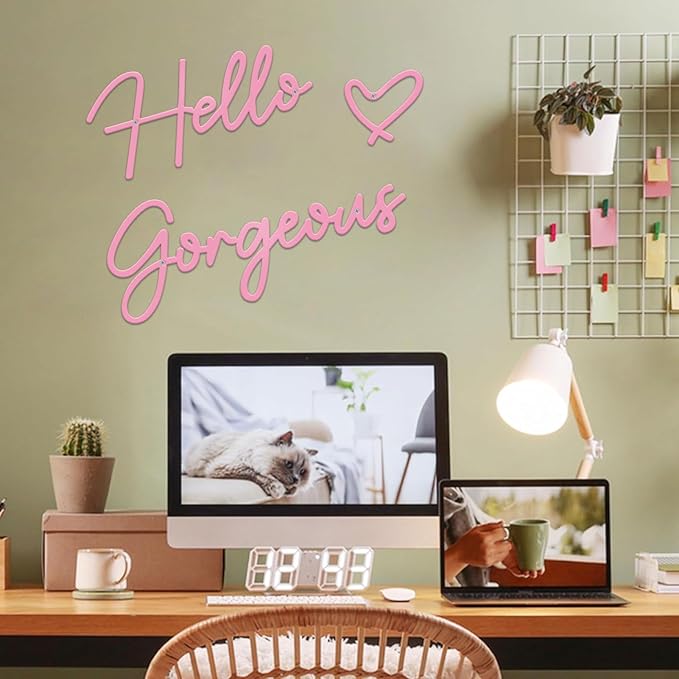 Hello Gorgeous Metal Wall Art Decor Pink Modern Hello Gorgeous Signs Farmhouse Metal Wall Art Hanging Decoration for Home Bathroom Living Room Bedroom Office Hotel Wall Decoration (Pink)