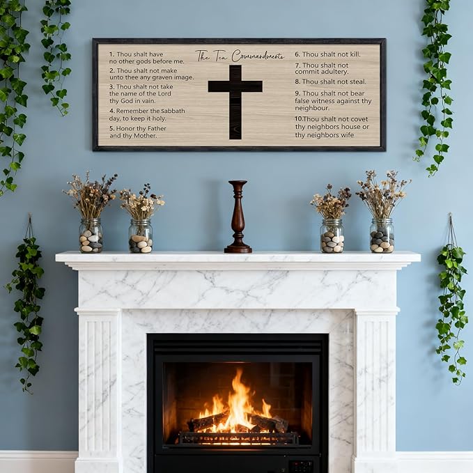 Ten Commandments Rustic Bible Verse Framed Wall Art 40" x 15" Black Religious Christian Slogan Representing God Jesus Christ Prayer Vintage Holy Inspirational Catholic Scripture Decor