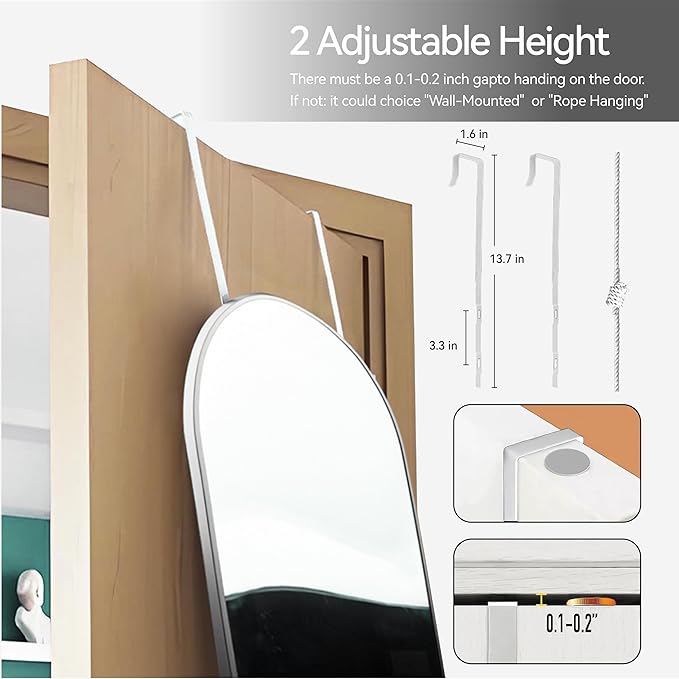 57x16 Door Hanging Full Length Mirror, Floor Stand (Height 5.7ft just Body in1.3ft) / Wall Mounted Metal Frame Arch Dressing Mirrors for Bedroom Living Room 57 inch Silver
