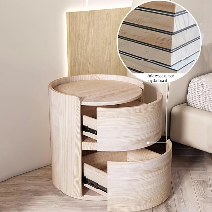 Wooden Nightstand Table with Drawer, Leather Bedside Storage for Bedroom and Living Room, Modern Round Design