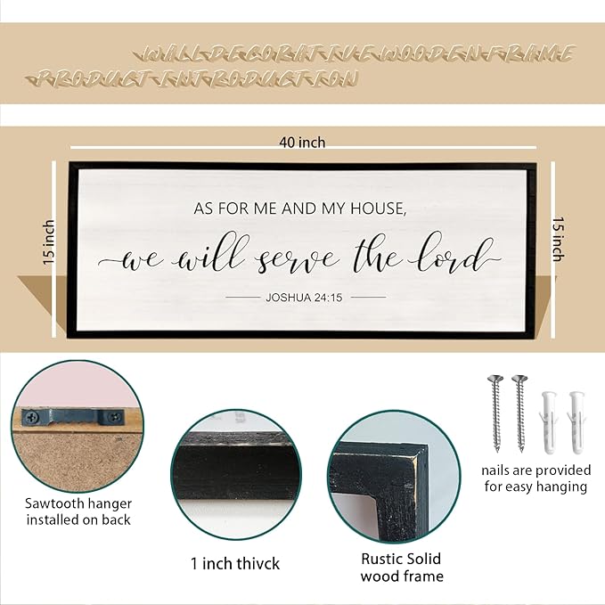 As For Me And My House We Will Serve The Lord Wall Decor 40" x 15" Bedroom Above Bed Sign Large Rustic Farmhouse Wood Framed Bible Verse for Religious Scripture Christian Wall Art (Black)