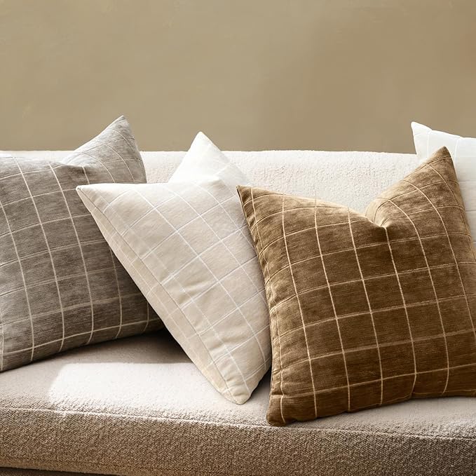 MIULEE Decorative Chenille Check Throw Pillow Covers Vintage Plaid Couch Pillows 20x20 Inch Set of 2 Neutral Boho Farmhouse Cushion Covers Modern Home Decor for Sofa Bed Living Room Toffee