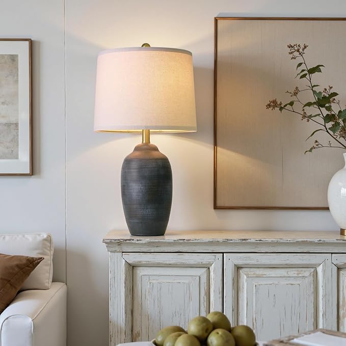 24.5" Vintage Ceramic Table Lamp with 5FT Cord- Single Farmhouse Rustic Bedside Lamp with Natural Textured Finish, Nightstand Lamps for Living Room, Bedroom, End Table, Office Retro Black