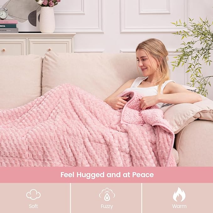 Super Fuzzy Soft Fleece Sherpa Weighted Blanket 15 lbs for Adults, 3D Imitation Turtle Shell Luxury Weighted Throw for Better Sleep, Dual Sided Cozy Heavy Blankets for Couch Bed, Pink, 48" x 72"