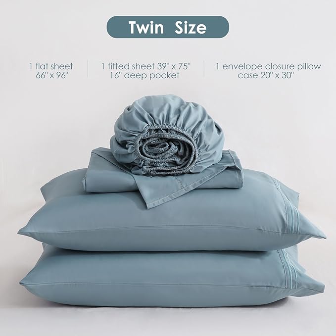 JSD Blue Twin Sheet Set with Side Pocket Corner Straps, 3 Piece Soft Kids Microfiber Bed Sheets Extra Deep Pocket