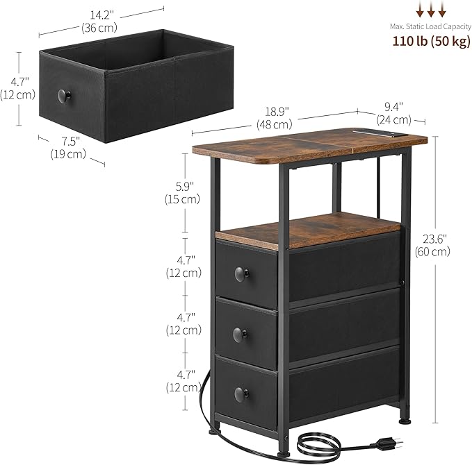 Narrow End Table with Charging Station, Narrow Side Table with Drawer, Small Nightstand with LED Light, Skinny Nightstand, Small Bedside Table for Living Room, Bedroom, Couch, Rustic Brown