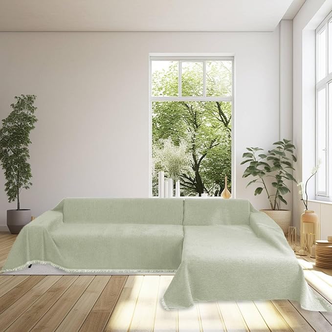 HANDONTIME Sage Green Sofa Cover, Soft Chenille Couch Slipcover with Tassels, Washable Sofa Protector for Pets & Kids, Pet Couch Cover Fit 3 Cushion Couch, Loveseat Cover Breathable Durable, 71"x134"