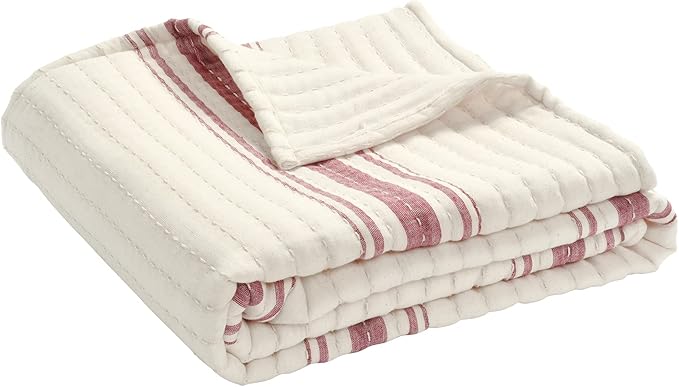 Lush Decor Farmhouse Stripe Kantha Pick Stich Yarn Dyed Cotton Woven Throw Reversible Ticking Pinstripe Design Blanket, 50" x 60", Red