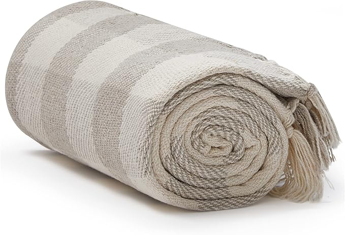 Americanflat 50x60 Throw Blanket - Soft and Breathable Cotton Throw Blanket for Couch, Bed, Chair - Decorative Blankets Perfect for Home, Office, or Outdoor Use - Cream and Beige Plaid Design