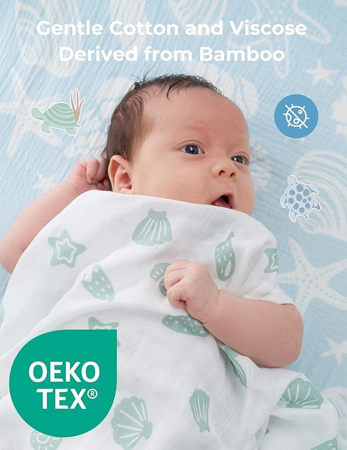Momcozy Muslin Swaddle Blankets, 4-Pack Breathable and Skin-Friendly Receiving Blankets, Best Wishes Swaddle Blanket Shower Gifts & Baby Registry Essentials, Large 47"x47", Ocean Pixie Dream