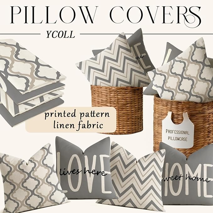 YCOLL Farmhouse Pillow Covers 20x20 Set of 4 Throw Pillow Covers Rustic Linen Decorative Pillows Square Cushion Covers for Couch Sofa Bedroom Home Decor