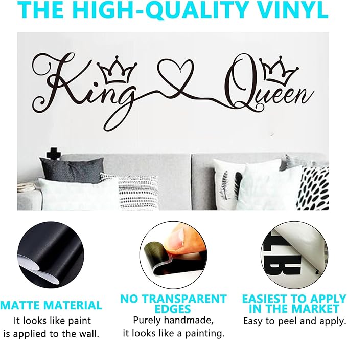 AnFigure Couples Quotes Wall Decals: Inspirational Vinyl Art Love Wall Stickers for Home Bedroom Bathroom Living Room - King & Queen 35"X9.8"