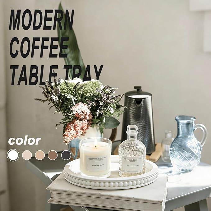 Decorative Tray for Coffee Table, Round Wooden Tray for Decor -White Beaded Distressed Rustic Farmhouse- Table Centerpieces for Dining Room Entryway Kitchen Counter Living Room