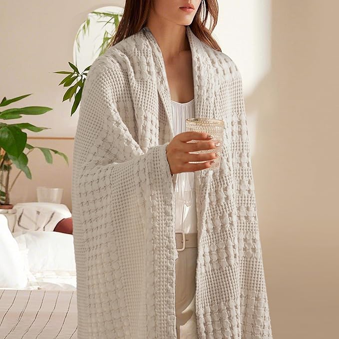 PHF 100% Cotton Waffle Weave Throw Blanket, Soft Lightweight Breathable Cozy Throws for Couch Bed Sofa, Luxury Aesthetic Blanket Gift for Home Decor & Office, 50"x60", Light Taupe/Oatmeal
