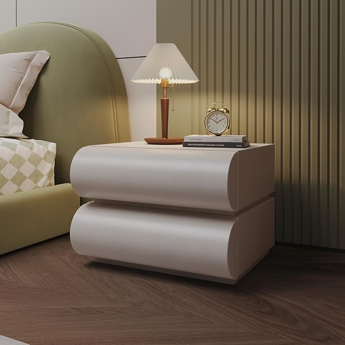 Nightstand with 2 Drawer, Bedside Table with Microfibre Leather, Fashion Night Stand for Bedroom, No Assembly Required-White