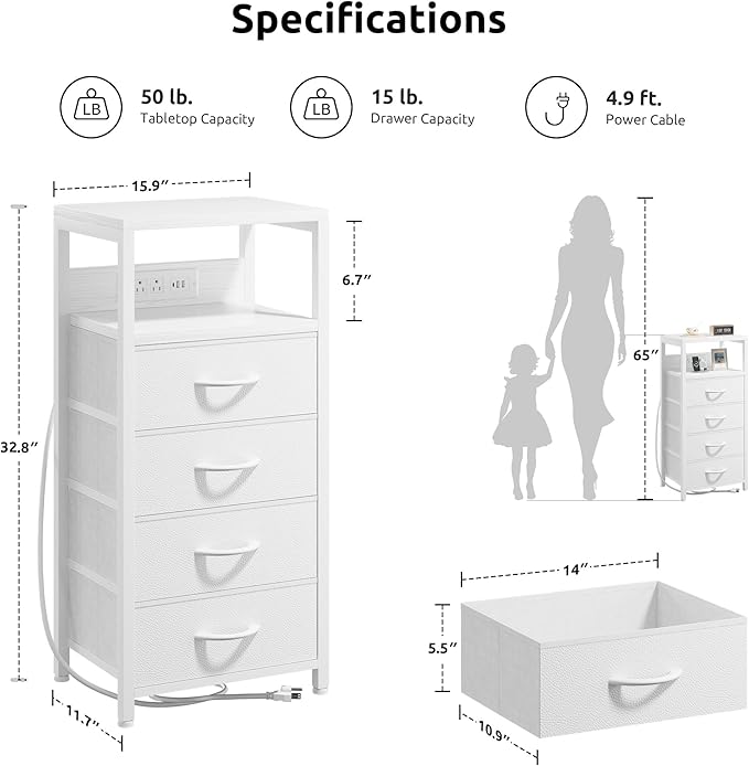 NightStand Bedside Charging Table Bedroom - Night Stand with Charger Station, Modern Bed Side Table with USB-C USB Ports & AC Outlets for Bedroom, Open Shelf & 4 Fabric Drawers, White