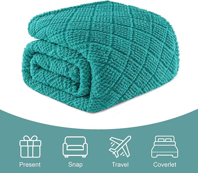 Whale Flotilla Fuzzy Fleece Twin Size Blanket for Bed, Soft Fluffy Jacquard Waffle Blankets for All Season, Lightweight and Warm, 60x80 Inch, Teal