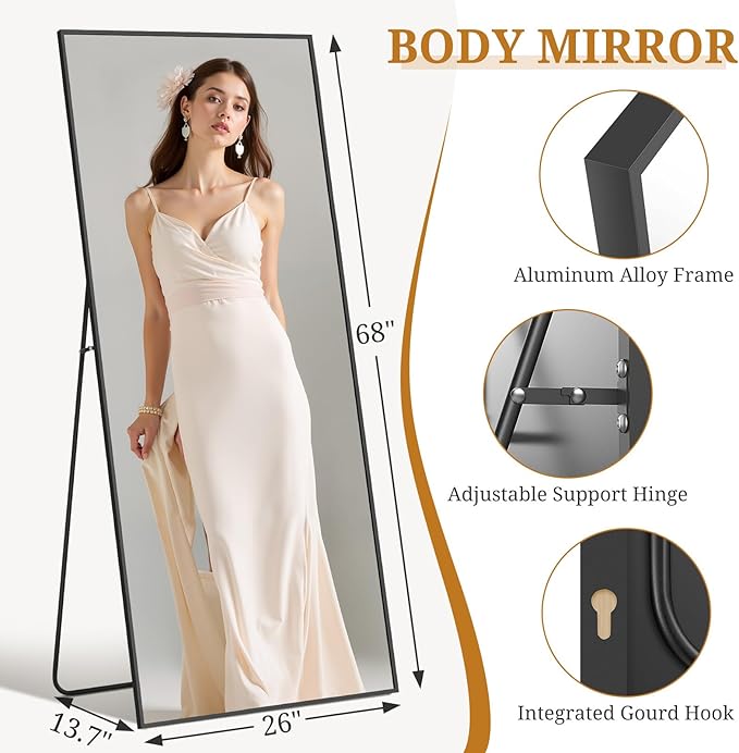 Full Length Mirror 68"x26" Full Body Mirror Rectangle Free Standing Wall Mounted Leaning Floor Mirrors with Stand Aluminum Alloy Frame for Bedroom Cloakroom, Black