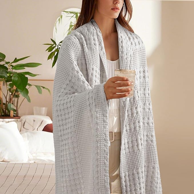 PHF 100% Cotton Waffle Weave Throw Blanket, Soft Lightweight Breathable Cozy Throws for Couch Bed Sofa, Luxury Aesthetic Blanket Gift for Home Decor & Office, 50"x60", Light Grey