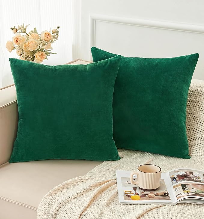 Pack of 2 Christmas Green Pillow Covers 22x22 Inch Decorative Throw Pillow Cover, Velvet Emerald Pillowcases for Couch Sofa Bed, Home Boho Decor, Modern Soft Cushion Covers