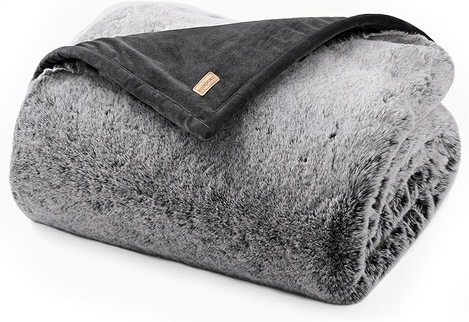 EVERGRACEHOME Luxury Soft Faux Chinchilla Fur Throw Blanket for Couch, Warm Thick Heavy Winter Throw Blanket 1220GSM for Bed, Fluffy Cozy Mink Blanket with Reversible Velvet, Onyx Mink, 60"x80"
