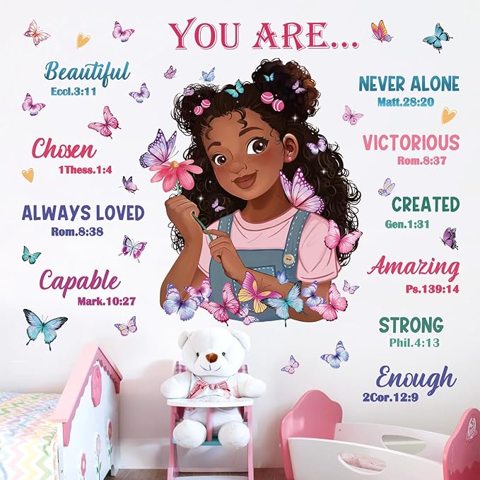 wondever Black Girl Magic Wall Stickers Butterflies Inspirational Quotes You are Beautiful Peel and Stick Wall Art Decals for Girls Bedroom Baby Nursery Kids Bedroom