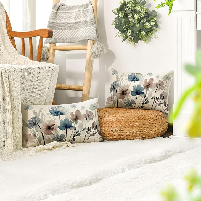 AVOIN colorlife Poppy Flowers Chinoiserie Throw Pillow Covers, 12 x 20 Inch Blue Brown Seasonal Leaves Cushion Case Decoration for Sofa Couch Set of 2