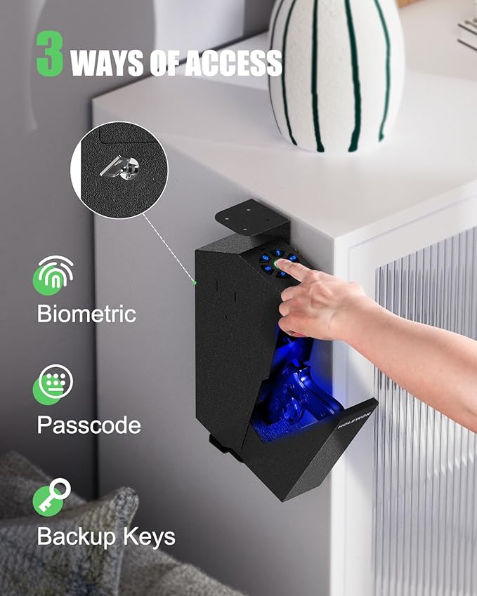 Gun Safe, Biometric Pistol Safe Fingerprint Quick Access Drop Down Handgun Safe Single Mount Pistol Case for Desk Bedside Nightstand