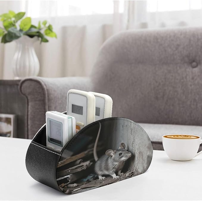 Mouse Hiding in The Corner Remote Control Holder Organizer Box with 5 Compartment PU Leather Bedside Storage Caddy Remote Organizer for Controller Media Player Pen/Pencil Storage