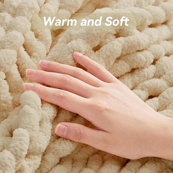 Chunky Knit Throw Blanket, 80''*90'' Knitted Throw Chenille Yarn for Bed Couch, Handmade Oatmeal Crochet Big Thick Blanket, Machine Washable Cute Comfy Blanket for Home Decor