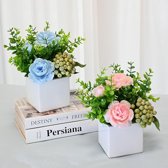 LADADA Artificial Pink Peony Flowers with Eucalyptus and Green Berries in White Square Vase - Fake Floral Arrangement for Home Decor, Table Centerpiece, Bathroom, Office, Wedding, Farmhouse Decor