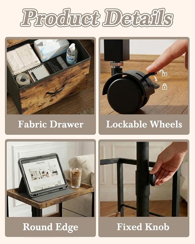 Swivel Lift Top Nightstand with Charging Station, Vacuum Forming Adjustable Bedside Table, Rolling Night Stand with Wheels, Small End Table with Fabric Drawer, for Bedroom, Living Room, Rustic